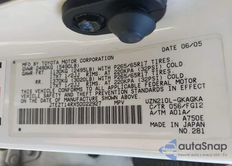 2005 Toyota 4Runner Sr5 V8 z USA, uszkodzony, nr VIN JTEZT14RX50022927